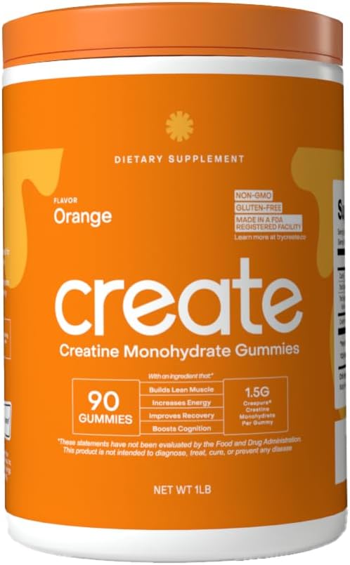 Create Creatine Monohydrate Gummies for Men & Women, Boost Focus, Strength, and Endurance, Anti-Melting Formula, Vegan, Gluten-Free, Non-GMO, 1.5g of Creatine per Gummy (Orange, 90 ct)