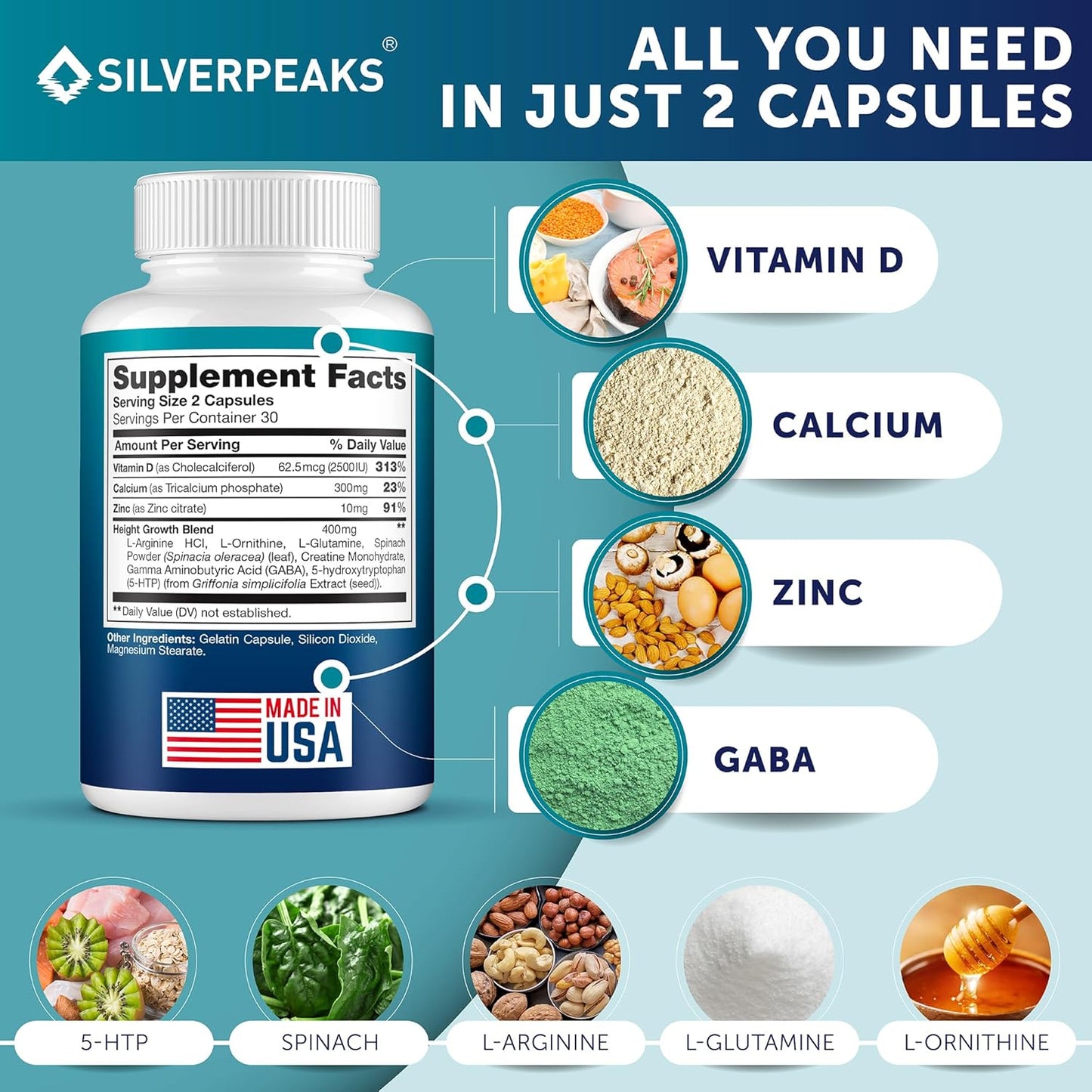 Growth Capsules to Grow Taller - Height Growth Maximizer with Calcium for Bone Strength, Made in USA, Natural Get Taller Supplement to Increase Bone Growth Adults, Teens & Kids, Free of Growth Hormone