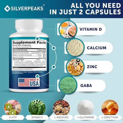Growth Capsules to Grow Taller - Height Growth Maximizer with Calcium for Bone Strength, Made in USA, Natural Get Taller Supplement to Increase Bone Growth Adults, Teens & Kids, Free of Growth Hormone